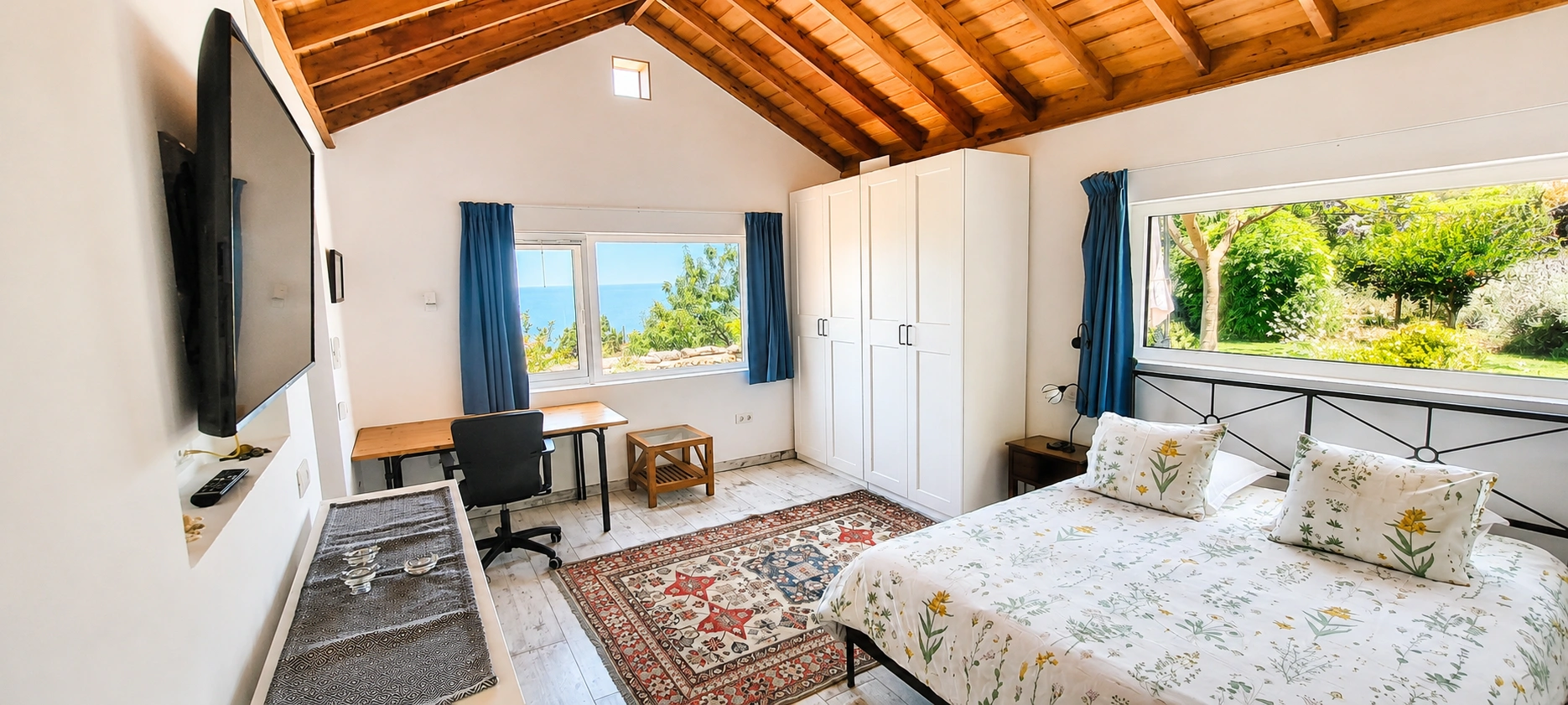 Bedroom with wooden ceilings